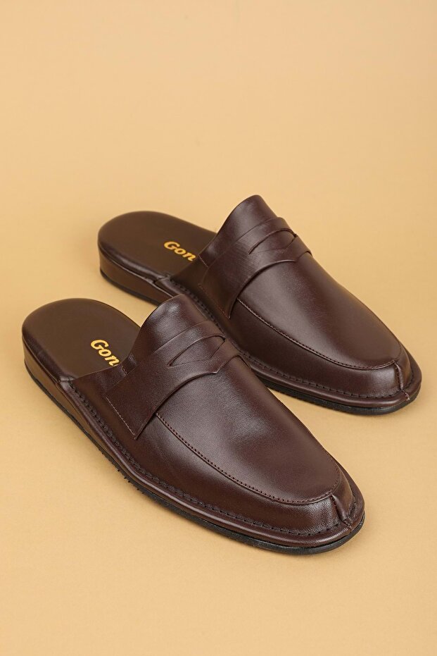 Men's Genuine Leather Groom House Slippers Kayaş.9011 Brown