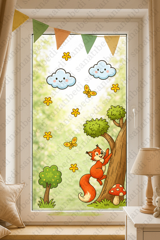 Cute Fox Forest Adventure Window Sticker - Kindergarten Children's Room Wall Door Decoration Sticker