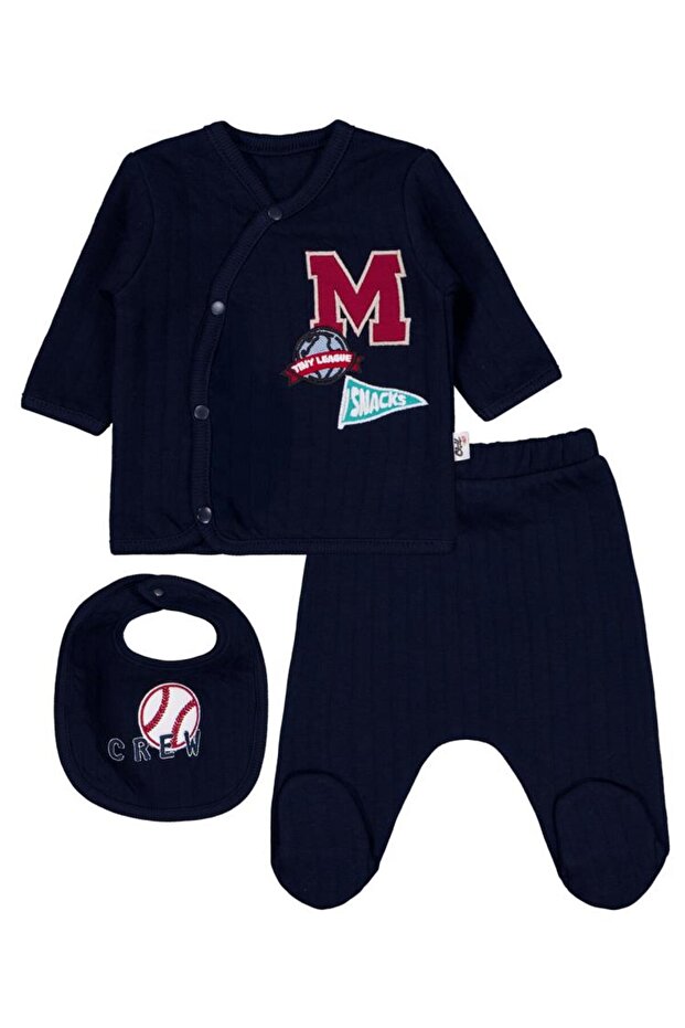 M Embroidered 3-Piece Bodysuit Sets - Navy Blue