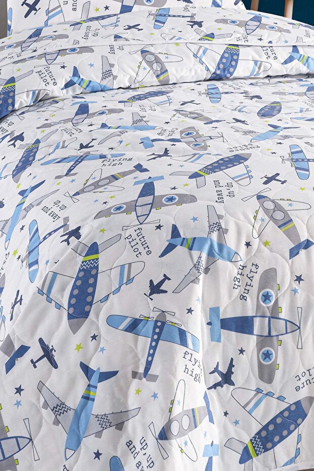 Yatak Örtüsü Seti Tek Kişilik Pamuklu 2 Parça – Kanatlar Desen – Mavi-Beyaz / Yumuşak Dokulu - 4