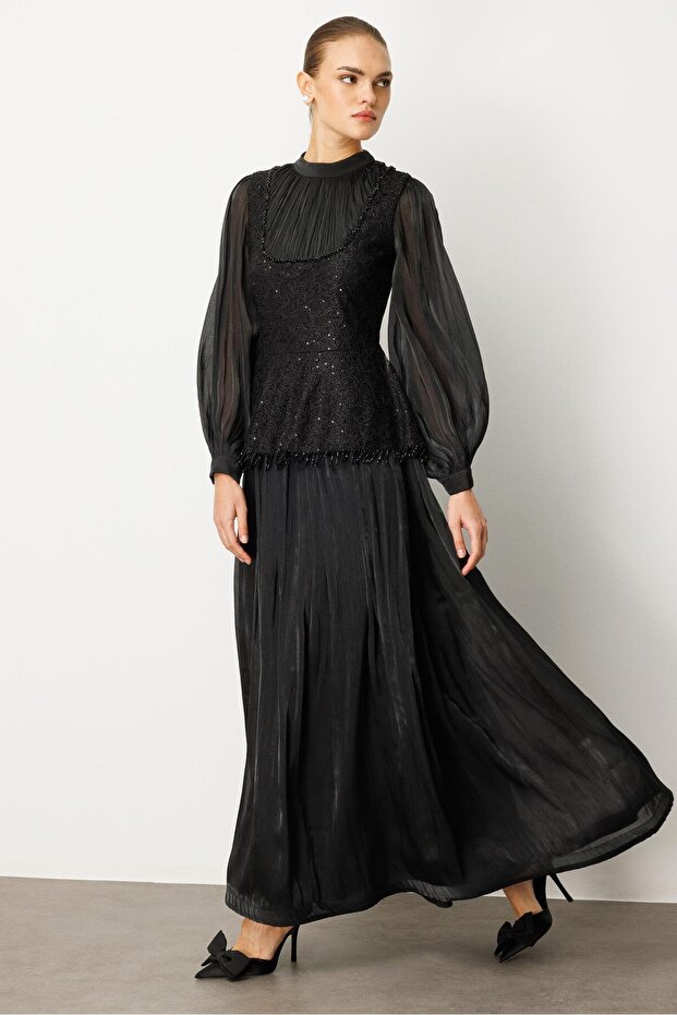 Drape İşlemeli Elbise SİYAH - 3