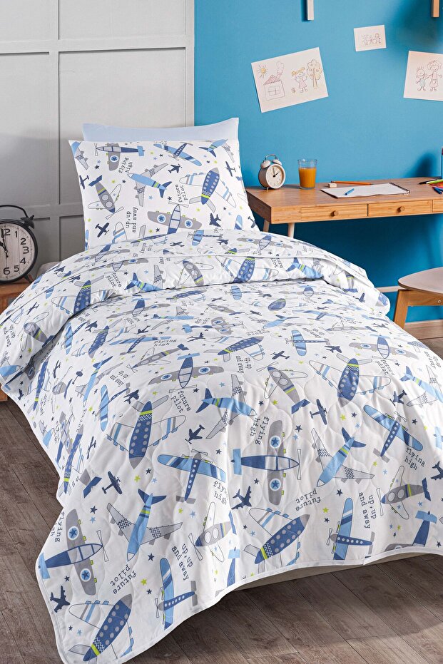 Yatak Örtüsü Seti Tek Kişilik Pamuklu 2 Parça – Kanatlar Desen – Mavi-Beyaz / Yumuşak Dokulu - 1