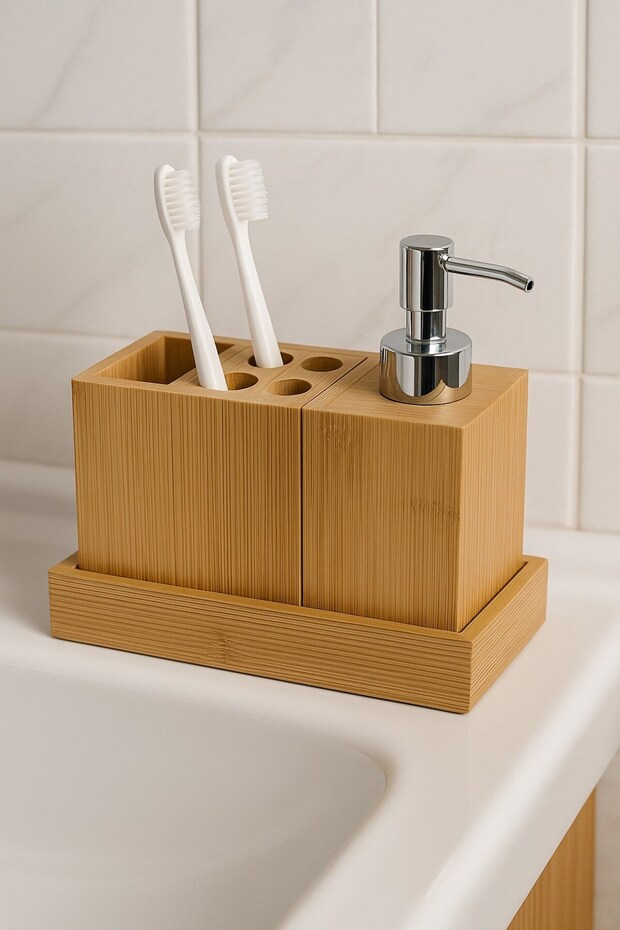 Natural Bamboo 3-Piece Bathroom Set – Liquid Soap Dispenser, Toothbrush Holder and Organizer Stand Br-6710