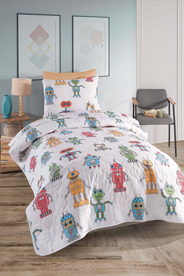 Yatak Örtüsü Seti Tek Kişilik Pamuklu 2 Parça – Roboti Desen – Beyaz / Yumuşak Dokulu - 3