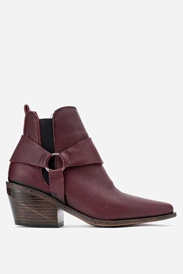 Women's Pointed Toe Western Short Heeled Ankle Boots Genuine Leather Zy 1563 Bordo
