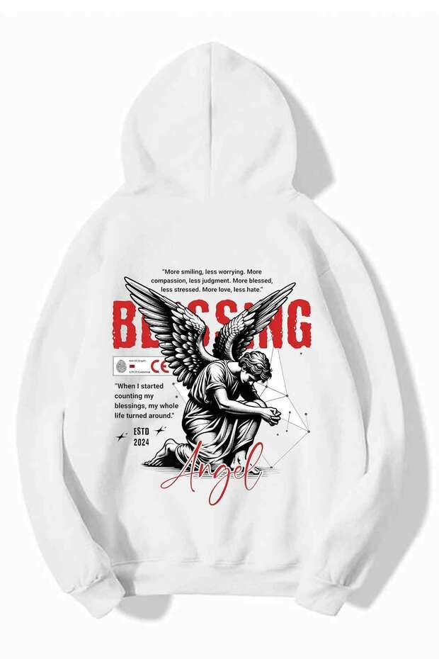 Unisex Hooded Sweatshirt with Angel Print Detail - Oversized Sweatshirt