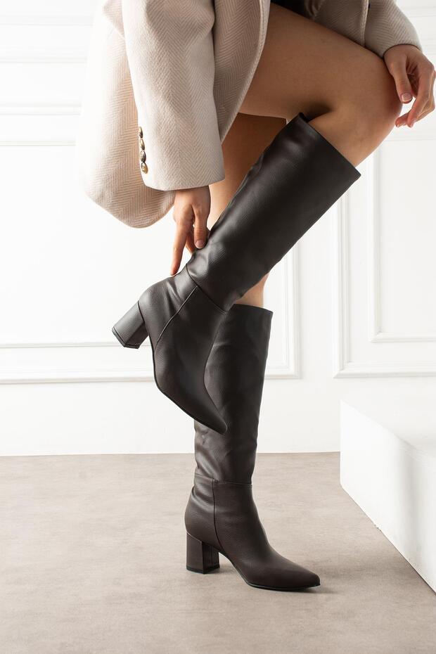 Lollr Women's Boots Thick Heeled Brown Leather