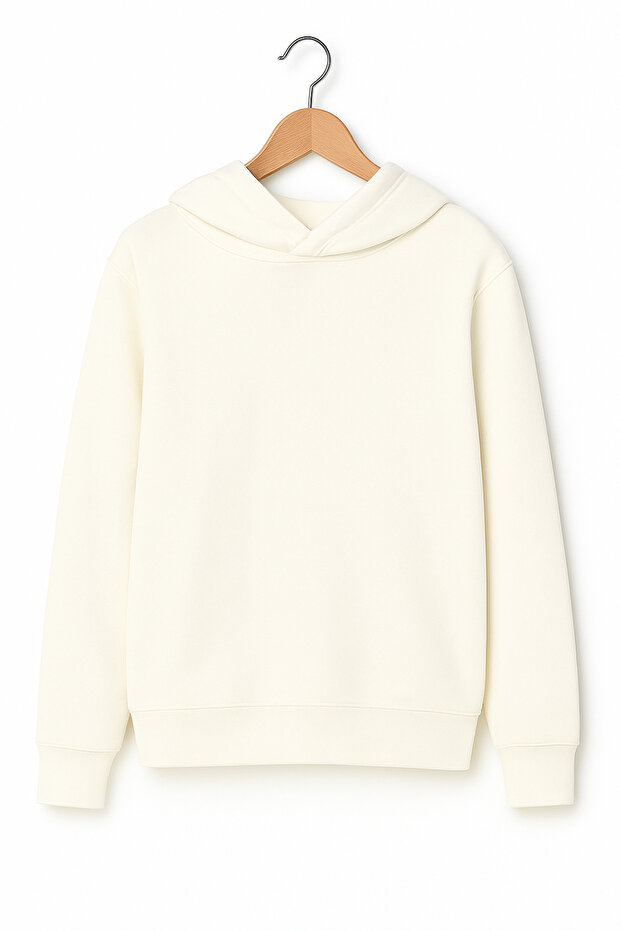 Ekru Oversize Kapüşonlu Kadın Sweatshirt - 1
