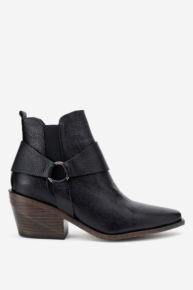 Women's Pointed Toe Western Short Heeled Ankle Boots Genuine Leather Zy 1563 Black