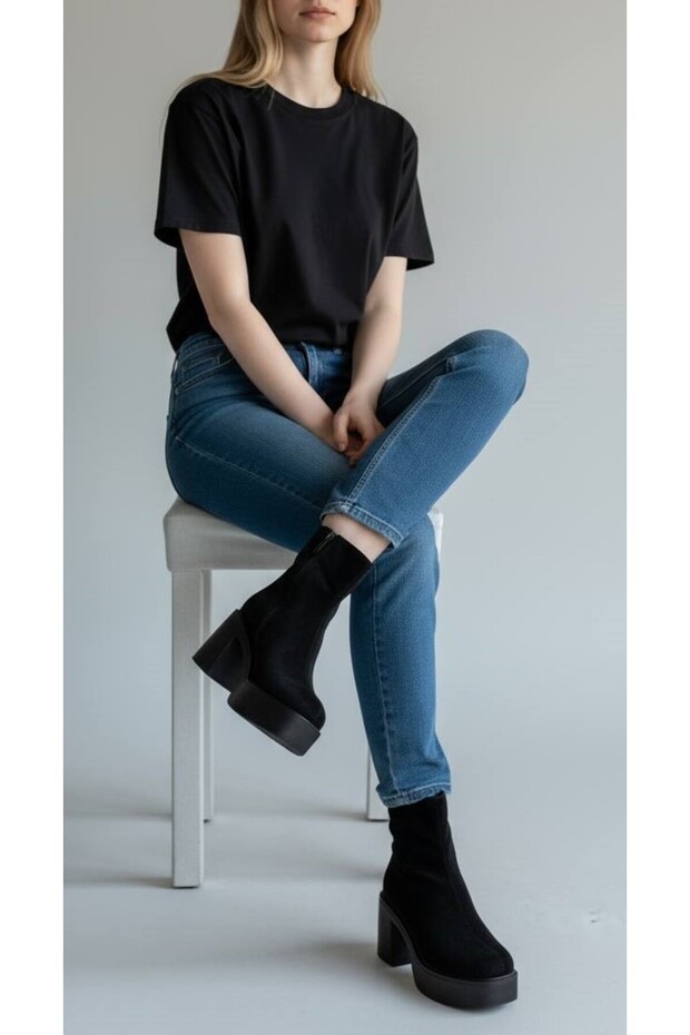 Kadın Yüksek Pop Kalın Tabanlı Topuklu Bot - Siyah - 2