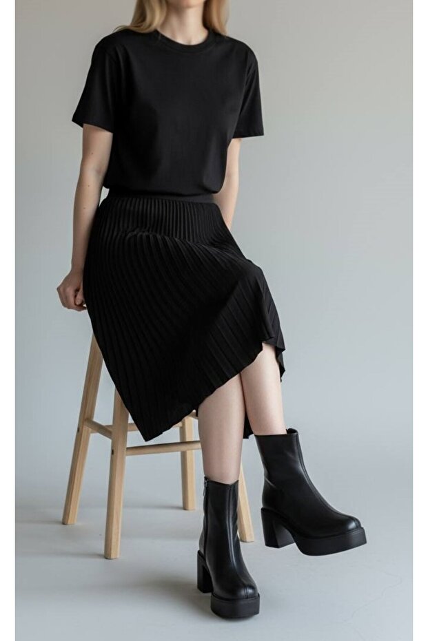 Kadın Yüksek Pop Kalın Tabanlı Topuklu Bot - Siyah - 1