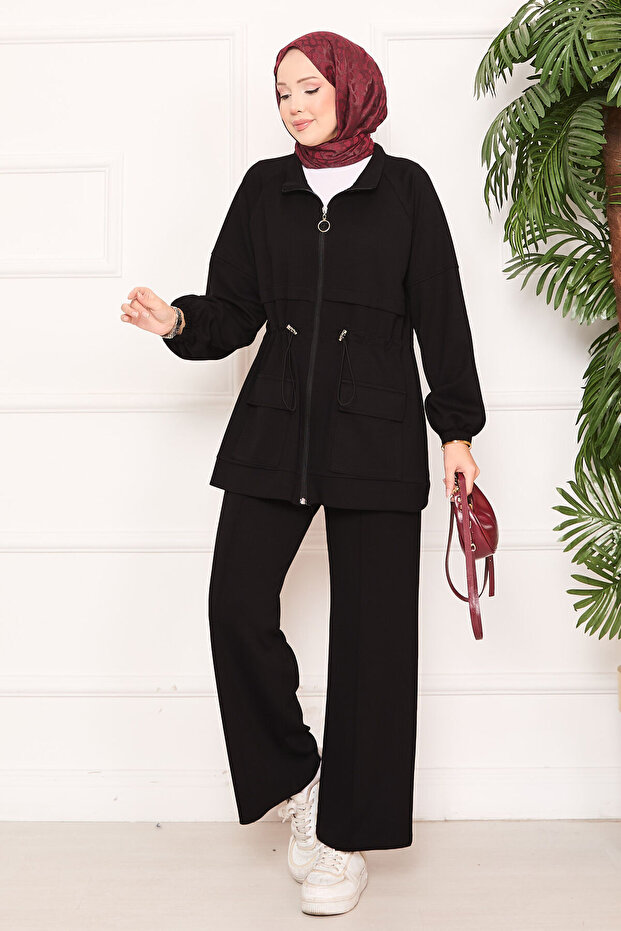 Adjustable Waist Pocket Detail Modest Two-Piece Set Black
