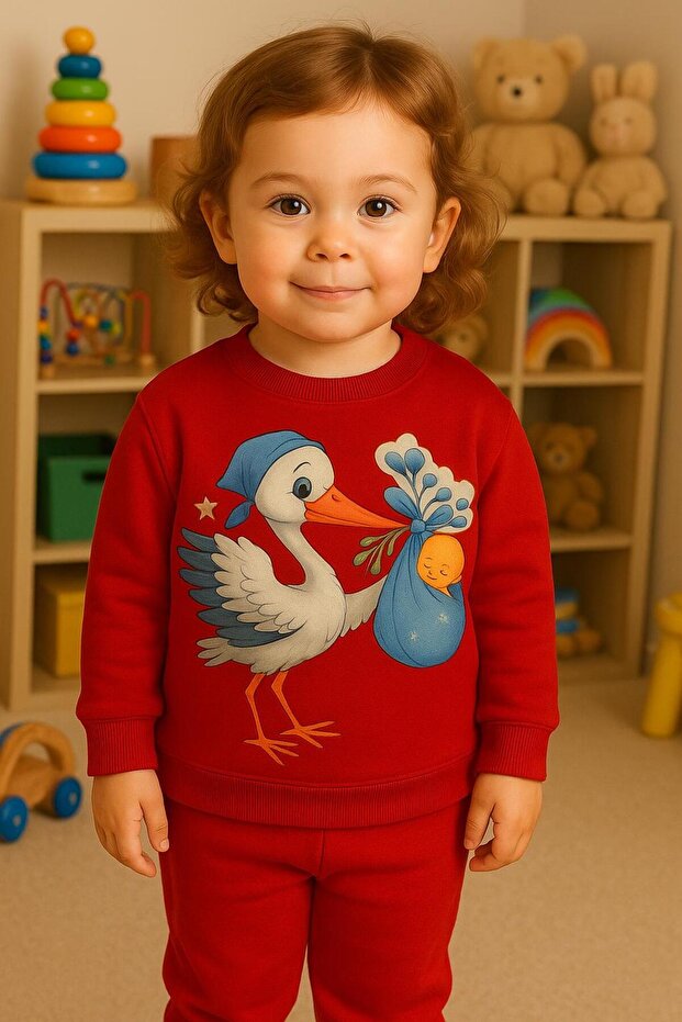 Duck Holding Duckling Printed Tracksuit Set 3-4-5-6-7-8-9-10-11-12 Years Old