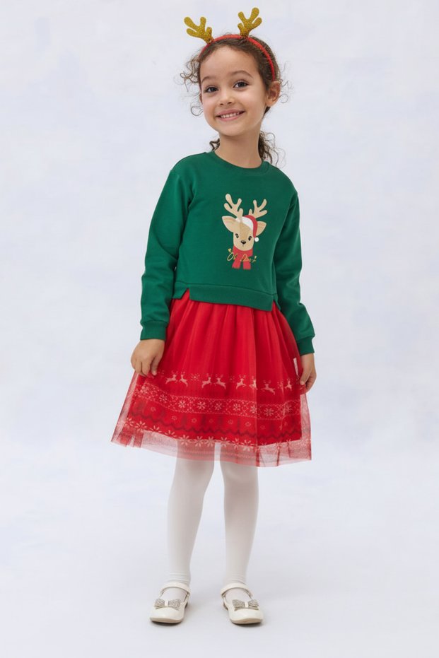 Girl's Cotton Green Deer Patterned Sweatshirt and Red Tulle Skirt Set - New Year's Special Collection