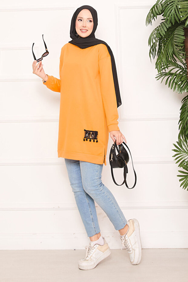 Stone Embellished Pompom Hijab Tunic Mustard