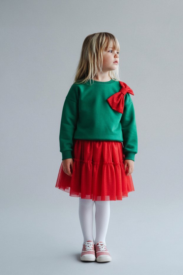 Girl's Cotton Green Top with Red Tulle Ribbon Detail New Year's Set