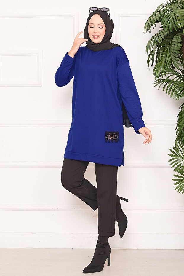 Stone Embellished Pompom Hijab Tunic Cobalt Blue