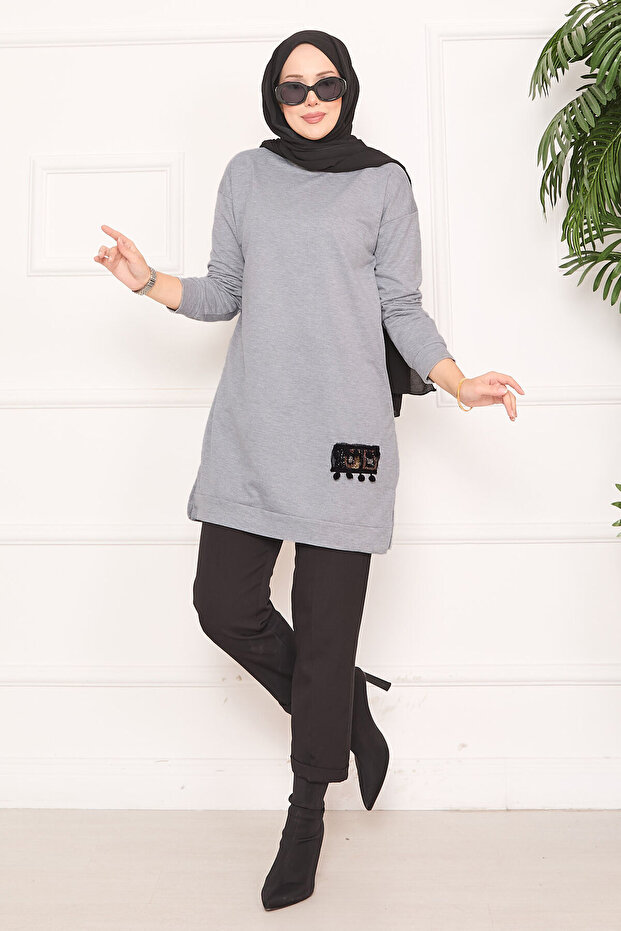 Stone Embellished Pompom Hijab Tunic Gray