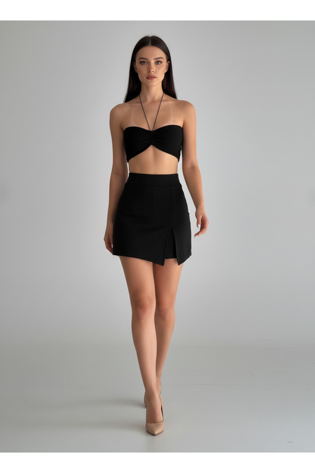 Önü yırtmaçlı Siyah kadın şort etek - 4