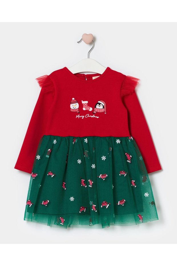 Girls' Cotton Red Penguin and Snowman Themed Christmas Dress with Tulle Skirt