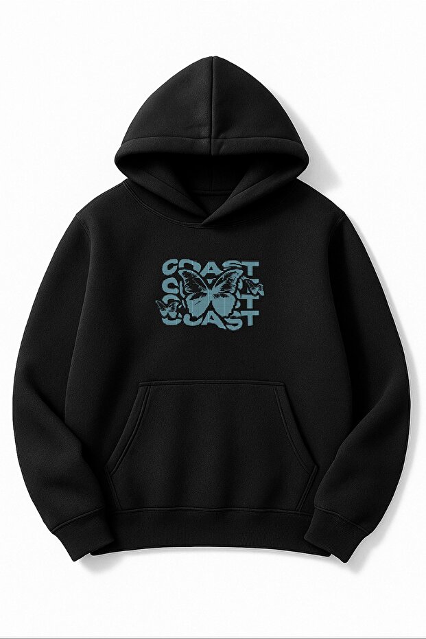 Black Oversized Unisex Coast Kelebek Butterfly Printed Hooded Sweatshirt