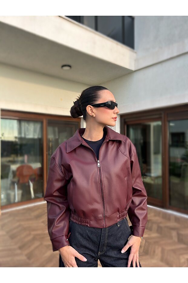 Women's Bomber Leather Jacket with Elastic Waist