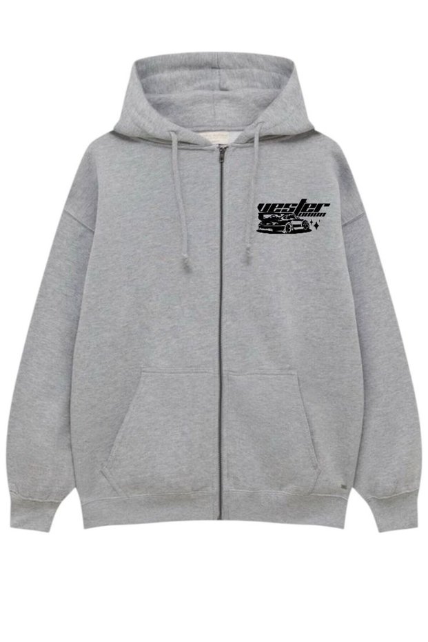 New Season Zippered 3-Ply Cotton Grey Printed Sweatshirt