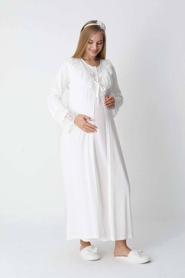 Women's Ecru Special Lace Detailed Full Length Design Winter Long Sleeve Maternity Dressing Gown Nightgown Set