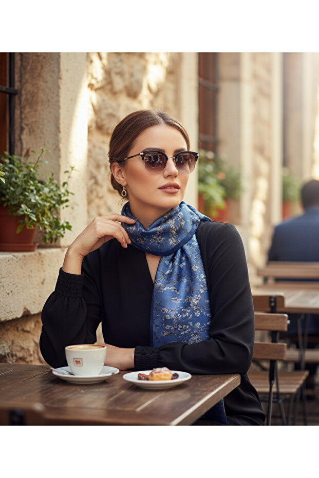Blue Blossom Pattern Stylish & Elegant Women's Accessory Satin Scarf 30X165Cm
