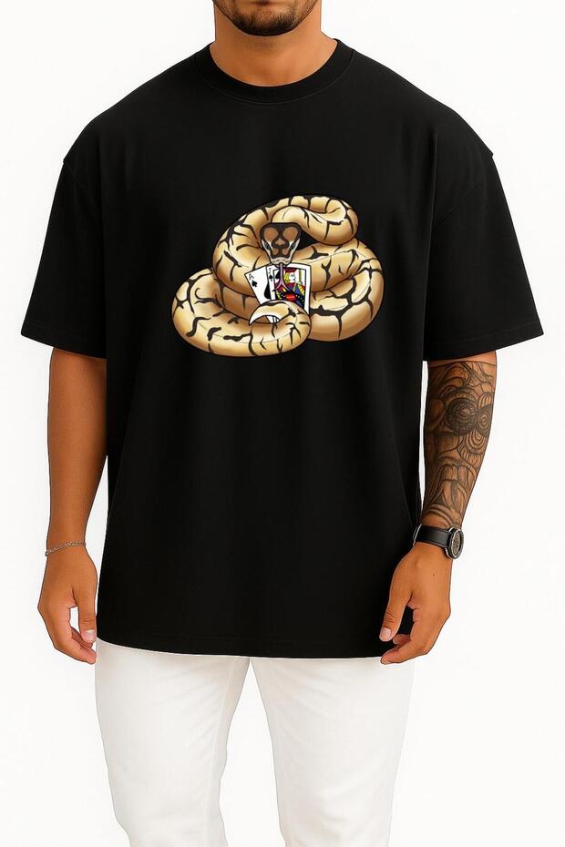 تي شيرت قصة فضفاضة Snake Ball Python بشعار Blackjack بتصميم على الصدر للجنسين