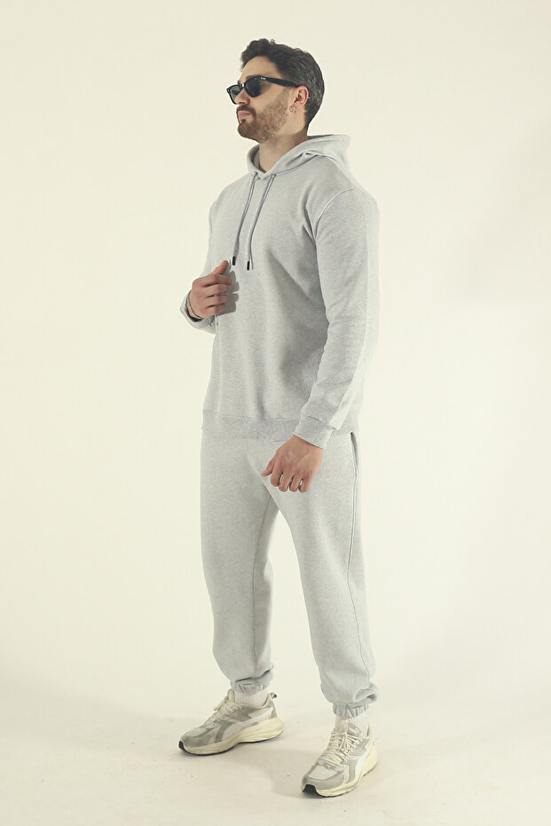 Men's Winter Tracksuit Set Hooded Sweatshirt Jogger - Gray Regular Elastic Leg