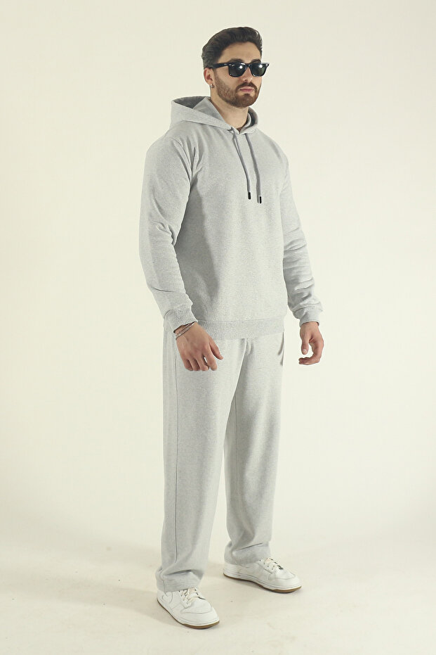 Men's Winter Cotton Hooded Sweatshirt Bottom Baggy Tracksuit Set-Grey