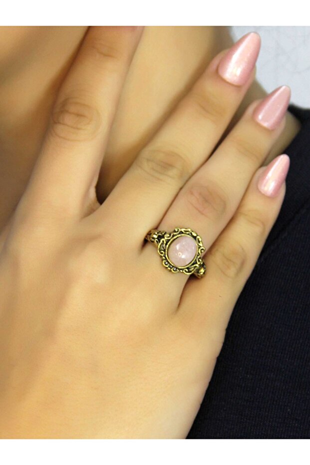 Natural Stone Pink Quartz Stone Antique Model Women's Adjustable Ring Euy80Pk