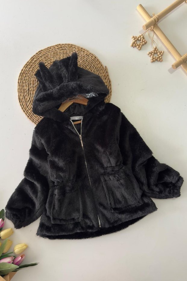 Hooded Girls' Plush Coat with Little Dog Ears - Black