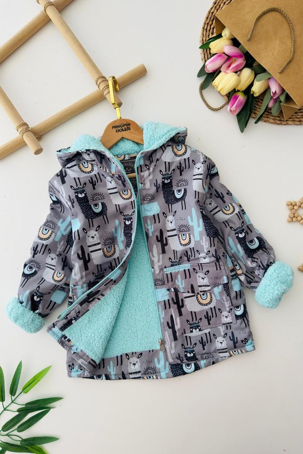 My Little One's Ciciler's Lama Patterned Hooded Girls' Fur Winter Coat - Gray