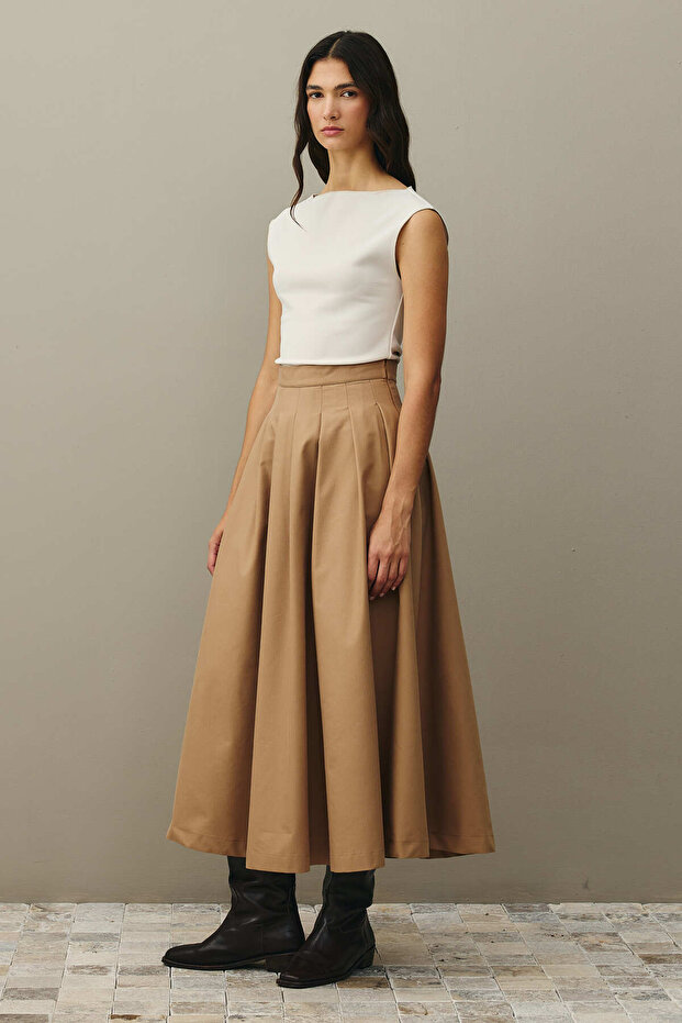 Pile Dikişli Etek Camel - 6