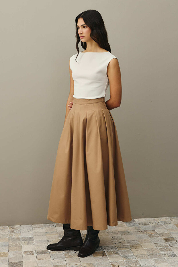 Pile Dikişli Etek Camel - 7