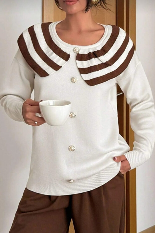 Women's Striped Collar Detailed Buttoned Knitwear Sweater