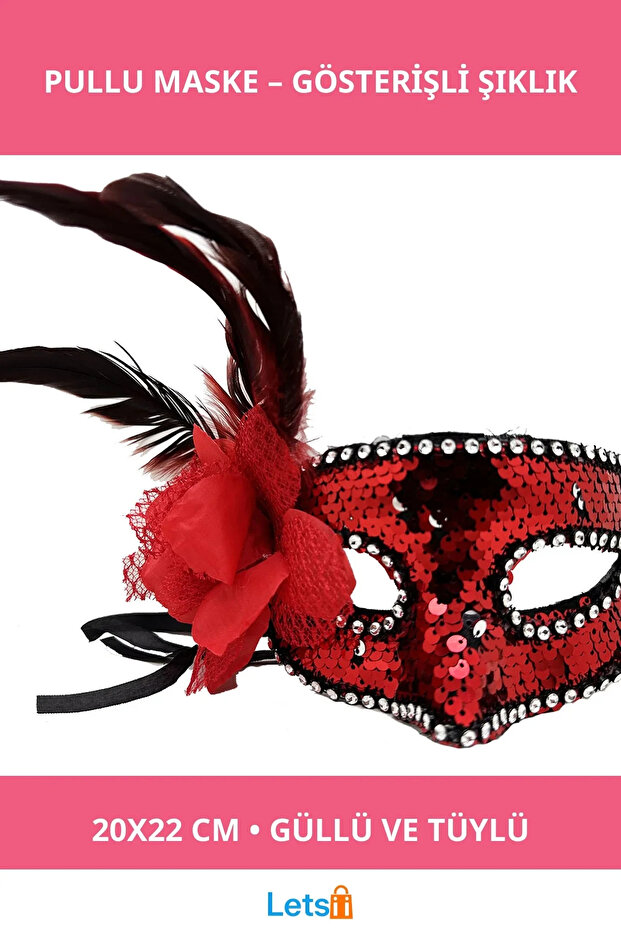 قناع مزين بالترتر باللون الأحمر والورد والأحجار - 1