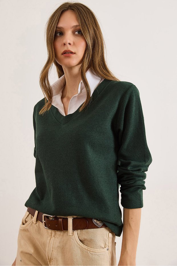 Women’s Emerald Green Brioche Knit Shirt Collar Detailed Blouse BLZ-19002777