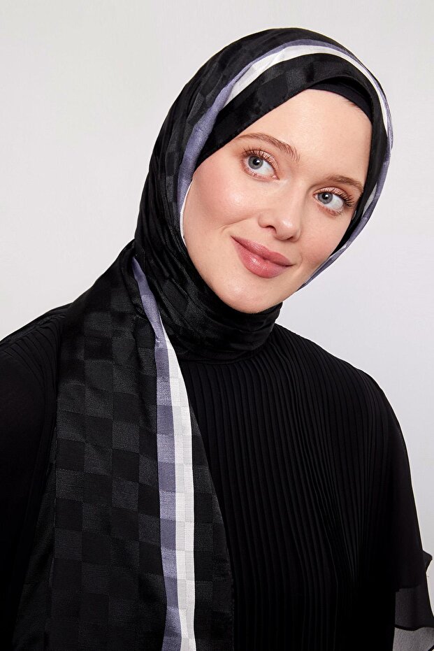 Black-Ecru Striped Checkerboard Pattern Monogram Shawl - 3