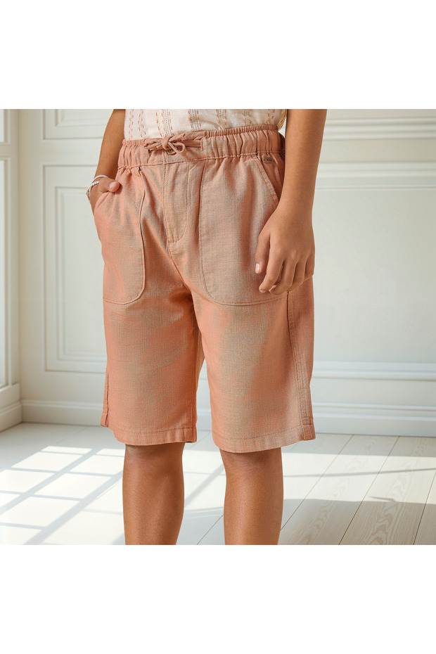 شورت منسوج سادة مع جيوب وإغلاق برباط - 1