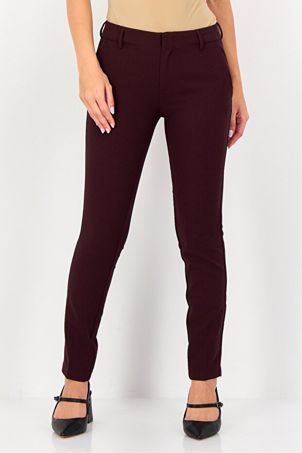 Women Cigarette Fit Solid Skinny Pants, Maroon