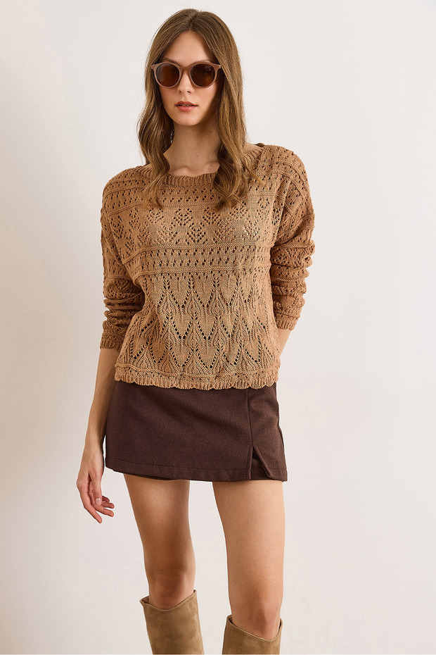 Women's Tan Geometric Openwork Detailed Knitwear Sweater Kzk-19001044