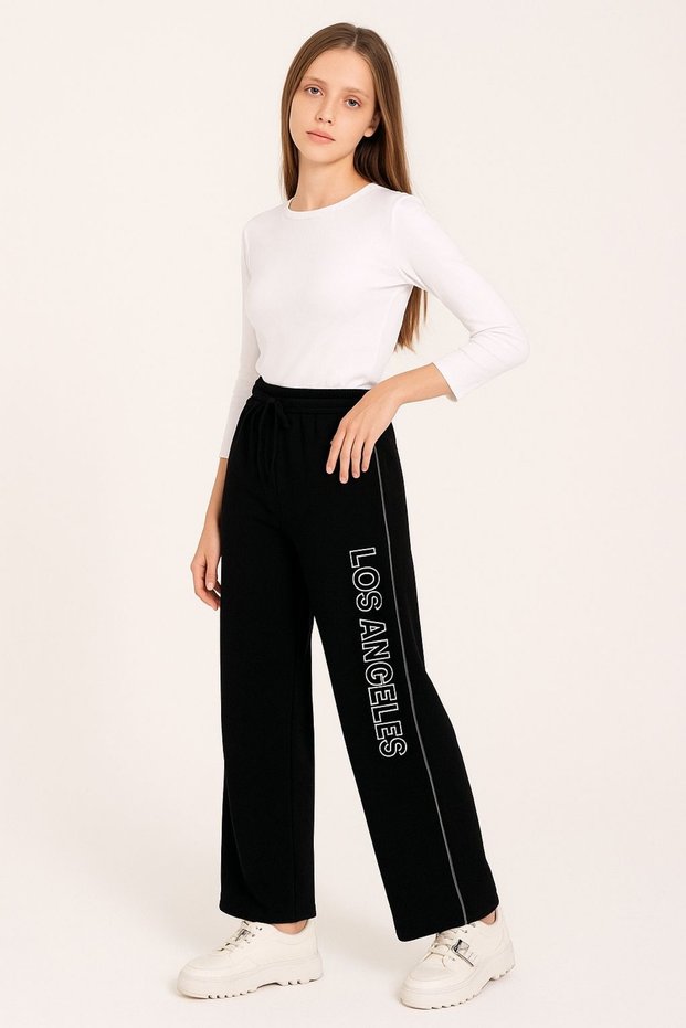 Girl's Los Angeles Printed Fleece-Lined Black Sweatpants 20309