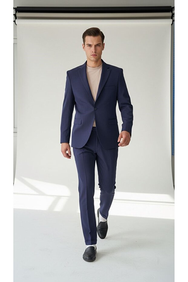 Men's Navy Blue One Button Slim Fit Piece Suit - Stylish Office and Formal Combination