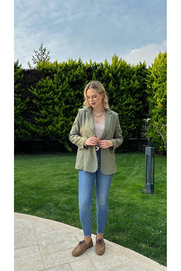 Yeşil süet blazer ceket - 4