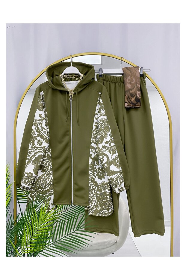 Chinese Patterned Zip-Up Hooded Casual Double Set [38-46 Size Range]