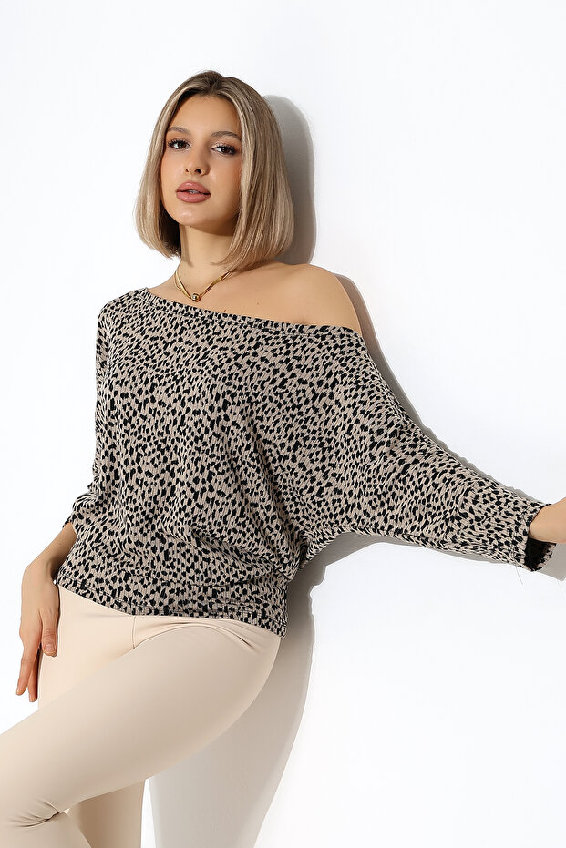 Aleg Women's Boat Neck Flowy Comfortable Fit Three-Quarter Sleeve Blouse & Top - Leopardbeige