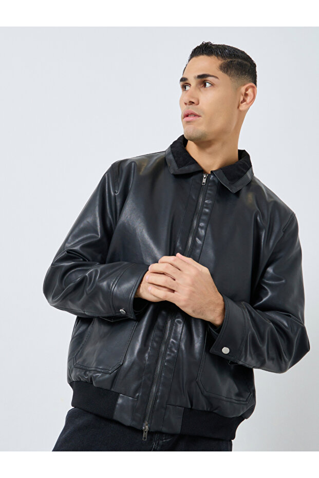 جاكيت رجالي من الجلد الصناعي باللون الأسود - 3